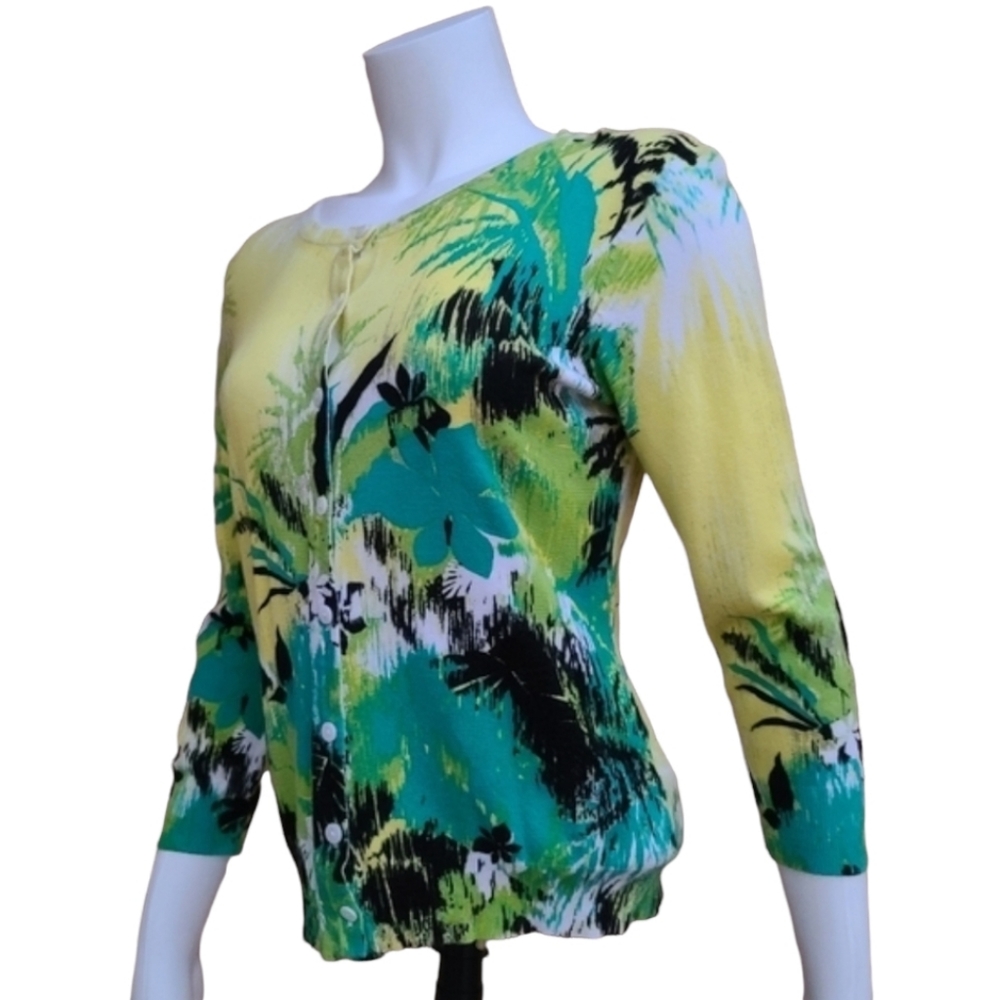 Tropical Floral Lightweight Cardigan Sweater PM Yellow Green Button Front 3/4 - Picture 9 of 15